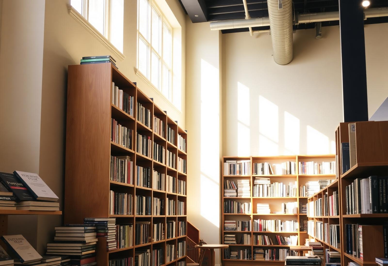 Sunlit independent bookshop interior with tall wooden shelves of new hardcover books