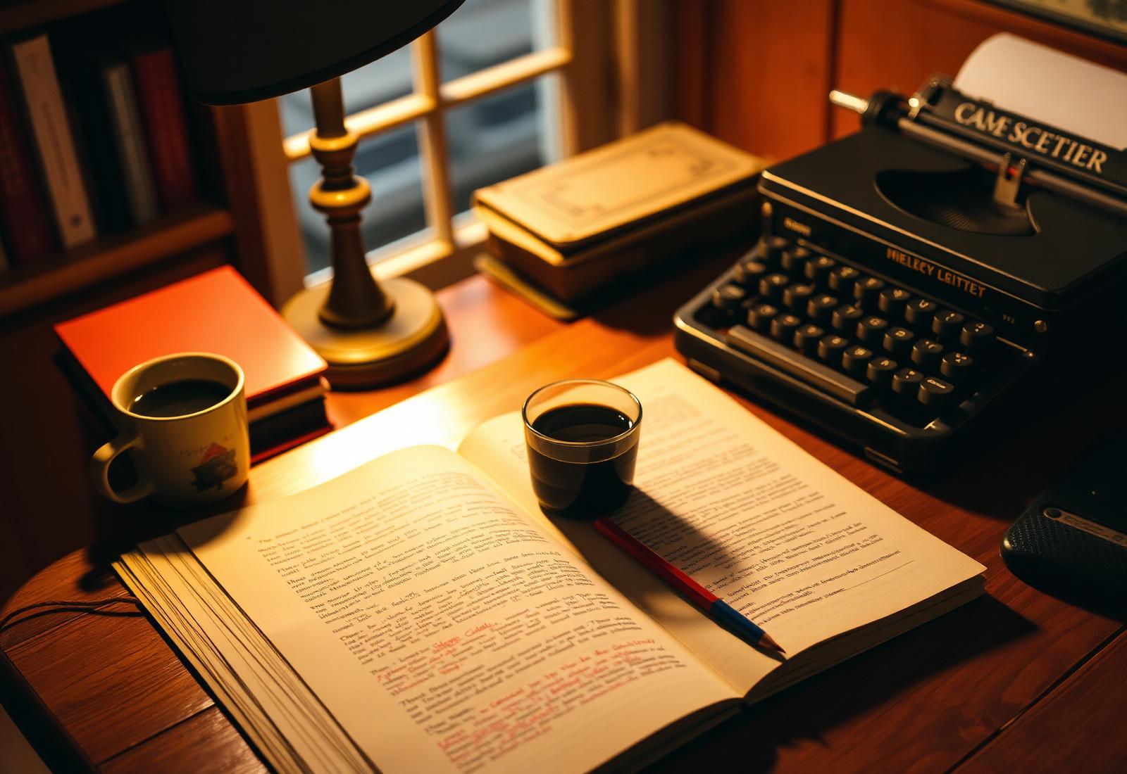 An editor's desk in lamplight with an open manuscript marked in red pencil