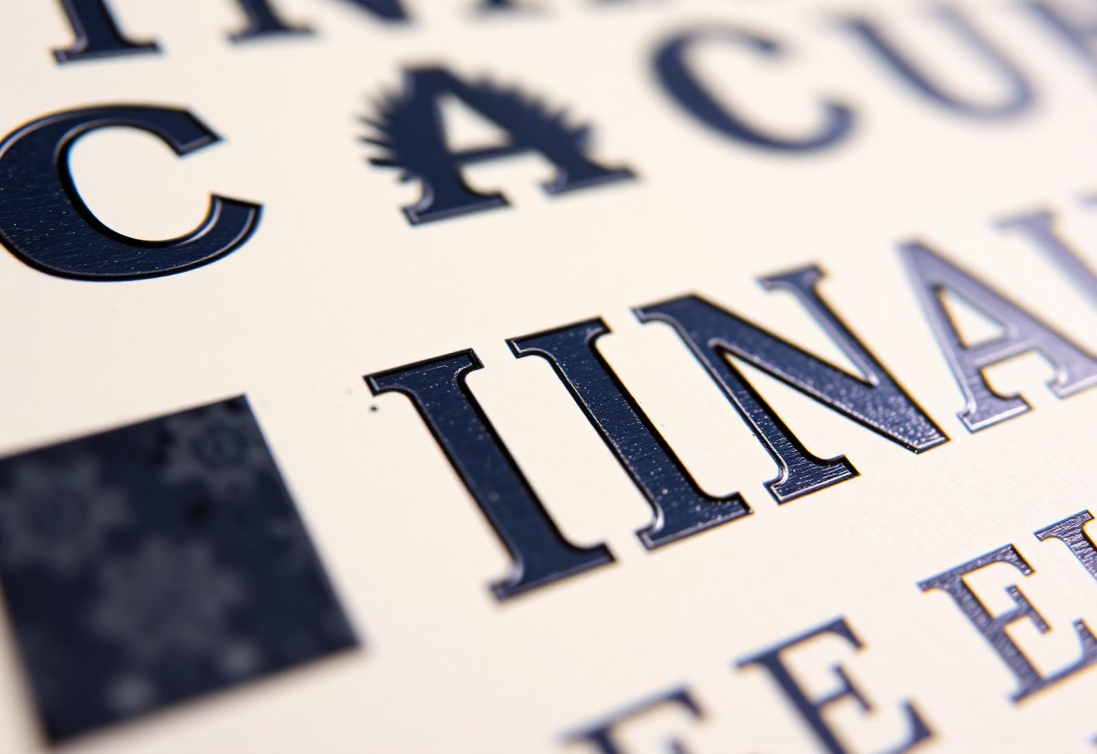 Close-up of letterpress type blocks and freshly printed cream paper with deep navy ink